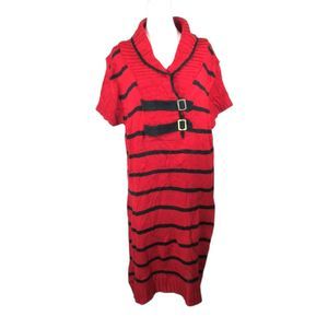 Extra Touch Sweater Dress 1X Red Black Stripe Faux Belt Buckle Collar (RK109)